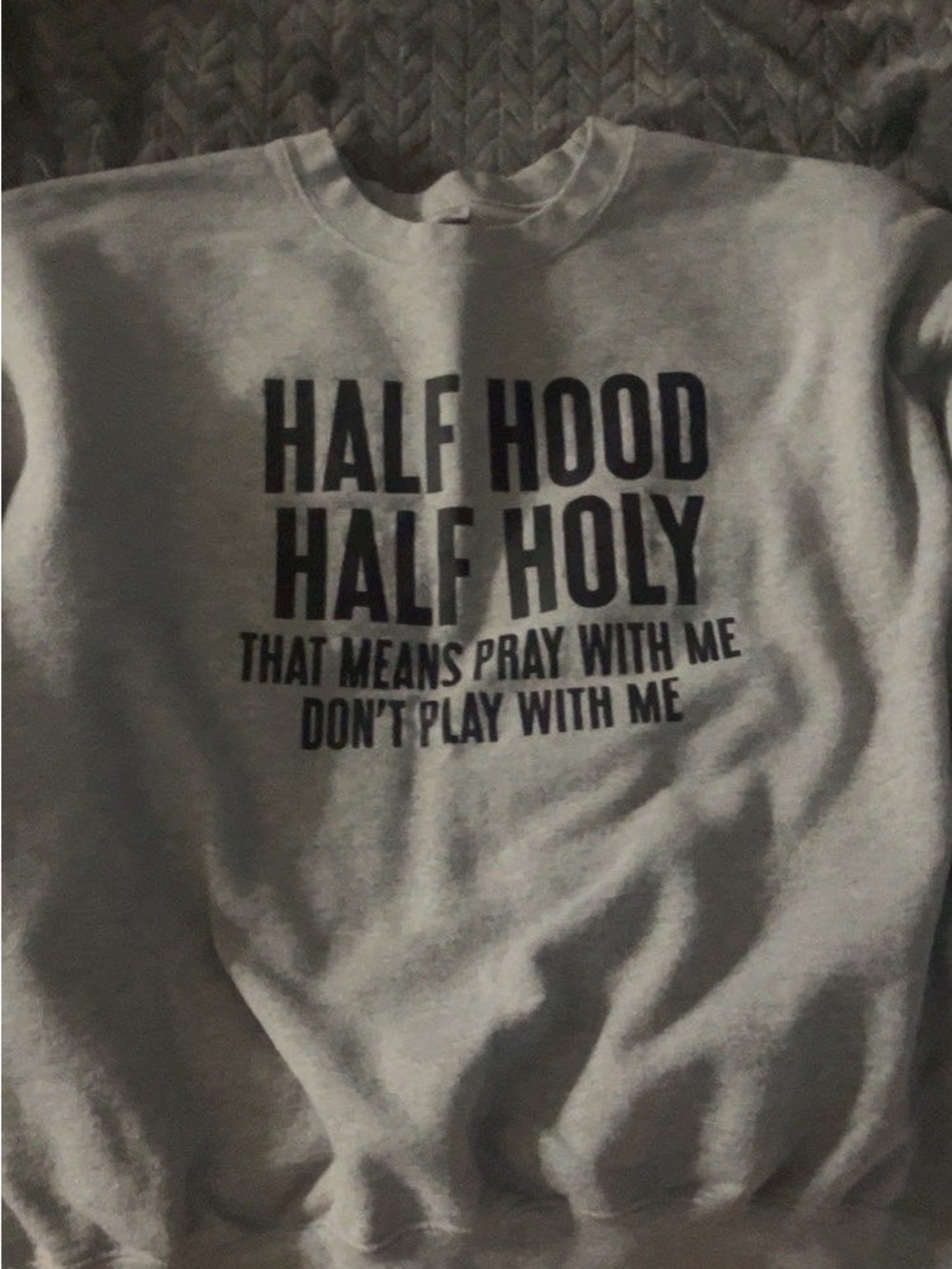 Gildan Grey Crewneck Sweatshirt with Navy 'Half Hood Half Holy' Graphic